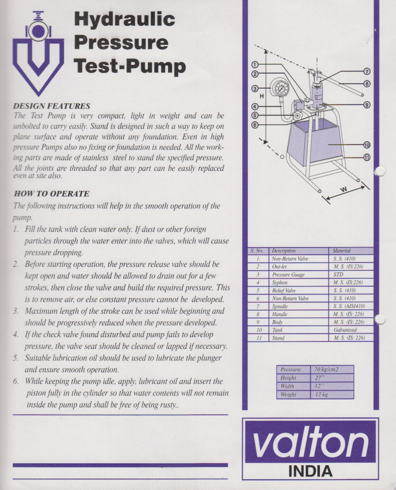 Hydraulic Pressure Testing Pump VALTON